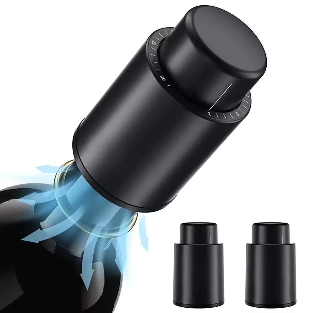 Wine Stopper Vacuum - Black Vacuum-Sealed Wine Bottle Cap Stopper