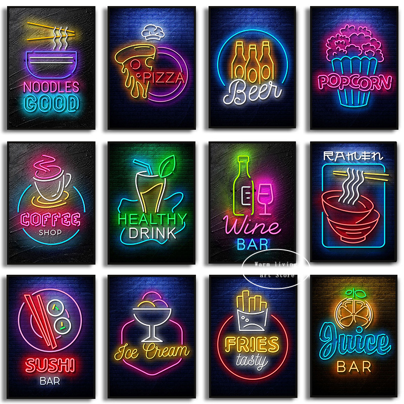 Wine Beer Pizza - 1pc frameless Canvas Painting Neon Food